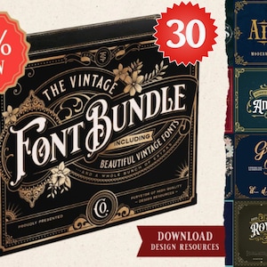 Vintage Font Bundle, Vintage and Tattoo Font Bundle: Over 30 Unique Fonts, Including Blacklettre Font, Calligraphy Font, Procreate Fonts