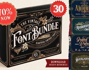 Vintage Font Bundle, Vintage and Tattoo Font Bundle: Over 30 Unique Fonts, Including Blacklettre Font, Calligraphy Font, Procreate Fonts