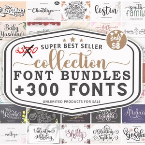 Peut inclure: Un collage d'images colorées présentant différentes polices d'écriture manuscrites. Le texte "SUPER BEST SELLER collection FONT BUNDLES +300 FONTS" est affiché dans un grand rectangle blanc avec une bordure dorée. Le texte "only 8€" est affiché dans un petit rectangle blanc avec une bordure dorée.
