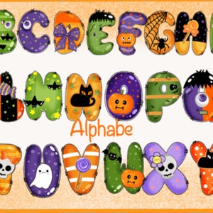 May include: Halloween alphabet letters featuring a variety of spooky and festive designs. Each letter is decorated with elements such as pumpkins, bats, ghosts, sweets, and spiders. The letters are in a colourful patchwork style with orange, green, purple, and black colours.