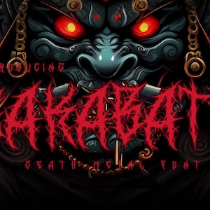 Könnte beinhalten: Vorstellung von "Sakazuki", einer roten und schwarzen Death-Metal-Schriftart mit einem wilden, stilisierten Design. Die Schriftart wird vor einem dunklen Hintergrund mit einer bedrohlichen, blauen und goldenen Samurai-Maske angezeigt.