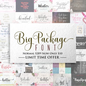 May include: A collage of images showcasing a variety of fonts, with the text "Big Package FONT" in a large, decorative font. The text "NORMAL $209 NOW ONLY $10 -LIMIT TIME OFFER- " is also included.