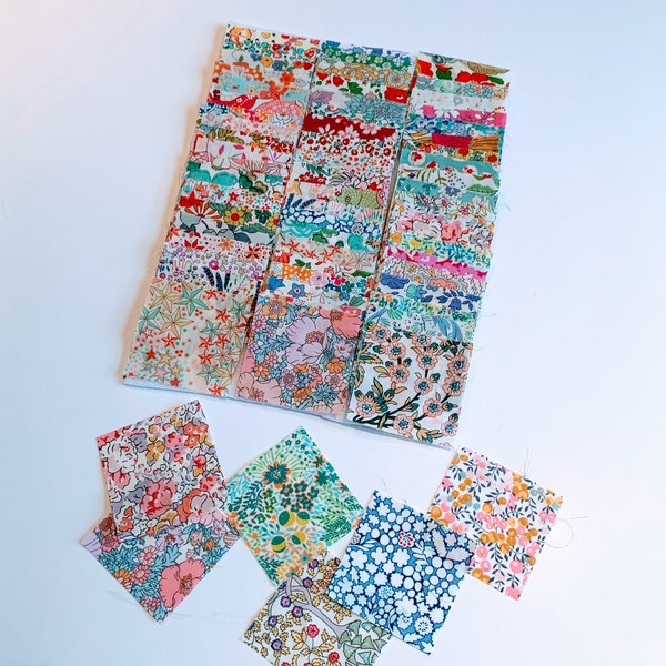 Liberty Tana Lawn pre-cut fabrics, 60 x 2" squares of small ditsy florals, fabric kit for a patchwork drawstring bag, a Tikki London design