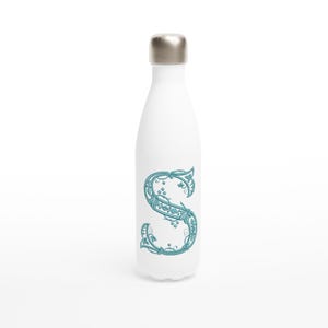 Botella para bebidas frías o calientes, personalizada con la letra del monograma S, termo de acero aislado para café, té, agua o cualquier bebida.