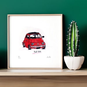 Retro Charm Red Fiat 500 Art Print - Limited Edition Watercolor - Framed Option Available