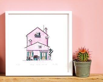 Pink house, Mexico, art print - new house romantic gift - pink bohemian wall decor