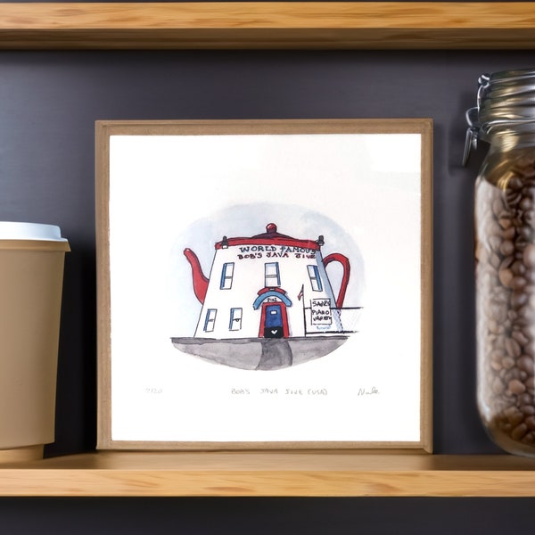 Art print of World Famous Bob's Java Jive, Washington USA - Tacoma native gift - coffeepot bar karaoke deco