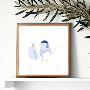 Santorini, Cicladi, Grecia, stampa artistica personalizzabile - regalo souvenir per le vacanze in Grecia - decorazioni mediterranee blu e bianche