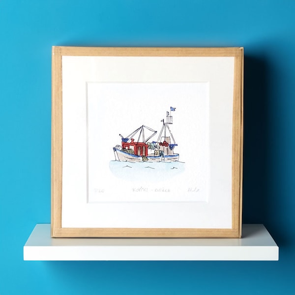 Bateau de pêche grec, impression d'art - cadeau de naissance - décoration de chambre de bébé