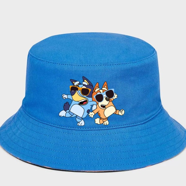 Bluey Themed Summer Toddler Bucket Hat, Bluey and Bingo Sunglasses, Follow the leader with DAD