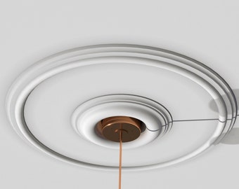 May include: A white ceiling fixture with a decorative trim and a copper-colored pull chain hanging down.