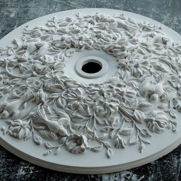 32" Lifelike Birds, Leaves, and Flowers Plaster Ceiling Medallion - Modern Nature-Inspired Home Decor Accent for Chandeliers, 3D Wall Art