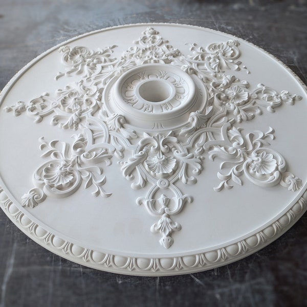 28" Art deco ceiling medallion with curves and flowers for light fixtures, Vintage Floral  plaster ceiling rosette, Handmade  decoration