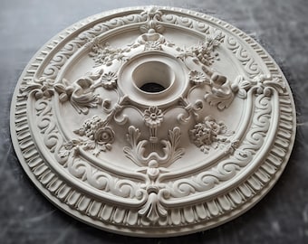 26" Vintage Plaster Ceiling Medallion with Elegant Carving Patterns, Leaves and Flowers for Chandeliers Home Decor, 3d Wall Art Installation