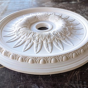 May include: White ceiling medallion with a decorative floral design and a center hole. The medallion has a raised, textured border.