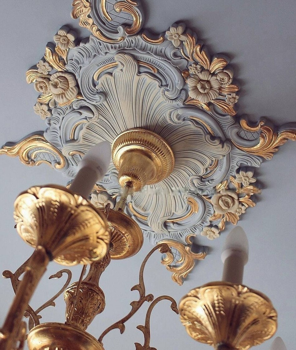 35" Vintage Diamond  Plaster Ceiling Medallion with Beautiful Patterns, Roses, Flowers, and Leaves - Stunning Large Size Accent, White Color
