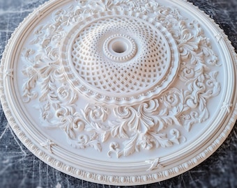 May include: White ceiling medallion with intricate floral designs and a center lattice pattern. The medallion is round and has a raised edge.