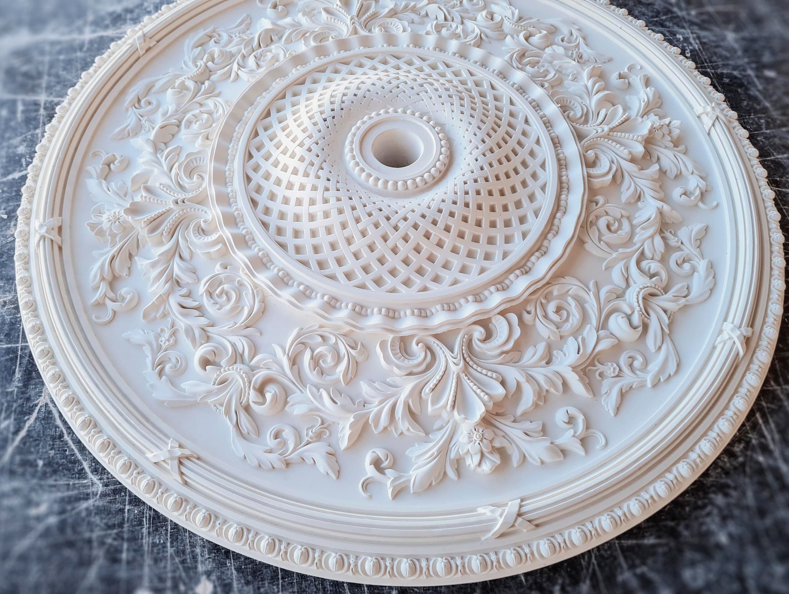 32" Large Vintage Plaster Ceiling Medallion - with Elegant Carving Patterns, Leaves, Beads, and Flowers - for Chandeliers - Ceiling Rosette