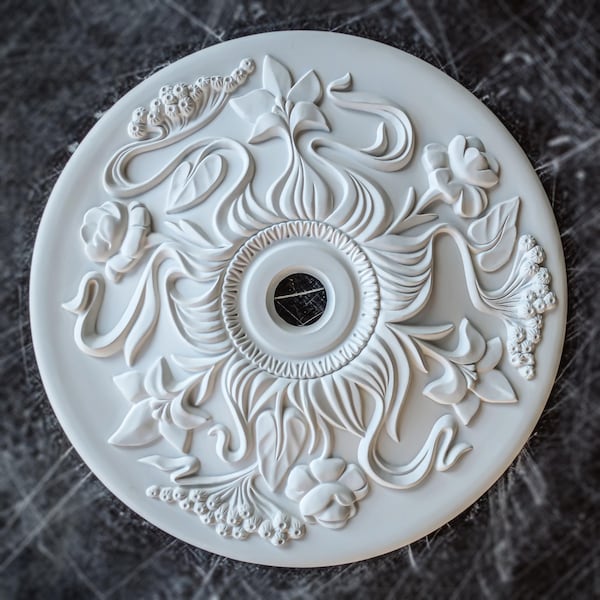 12in modern ceiling medallion with curves and flowers for light fixtures, 3d art wall hanging decor installation, plaster ceiling rosette