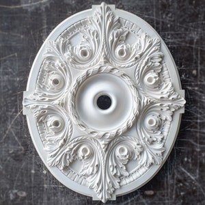 30&quot; Oval Plaster Ceiling Medallion: Curved Patterns, Flowers, Versatile Design for Light Fixtures, 3D Art, Wall Decor, Ceiling Rosette