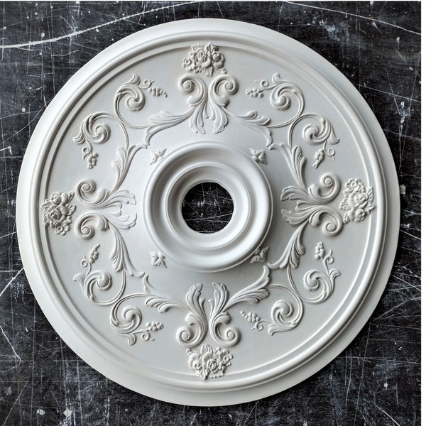 28" Vintage Plaster Ceiling Medallion with Rose Flowers and Leaves: Timeless Elegance for Light Fixtures, Chandeliers, Ceiling Decoration