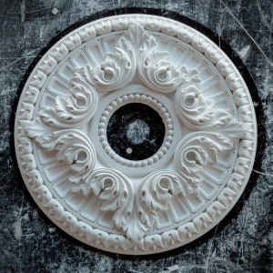 May include: White plaster ceiling medallion with a decorative floral design. The medallion has a central circle with a raised edge and a smaller circle in the center.