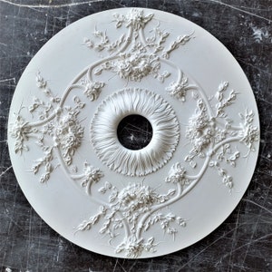 May include: A circular white ceiling medallion featuring a central hole surrounded by a radiating leaf pattern. The outer ring is decorated with intricate relief carvings of climbing rose vines, leaves, and blossoms arranged in a symmetrical design.
