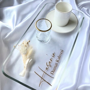 Personalized mocha tray set in glass look – damat kahvesi with cup, water glass & dried flower – engagement gift