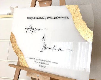 Empfangstafel mit Golddetail Willkommensschild Acrylschild Hochzeit söz nisan