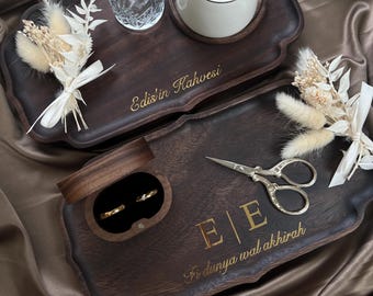 Gepersonaliseerde houten verlovingsset – ring en koffieblad met personalisatie, gedroogde bloemen (Söz, Nişan, Damat Kahvesi)