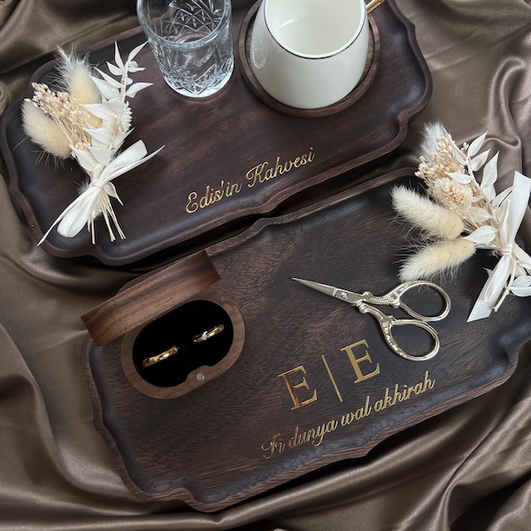 Personalized wooden engagement set – ring and coffee tray with personalization, dried flowers (Söz, Nişan, Damat Kahvesi)