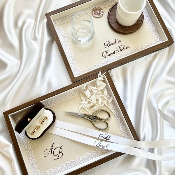 Personalized Lace Engagement Set – Nişan Set, Ring Tray, Damat Kahvesi Tray, Velvet Tray, Turkish Engagement