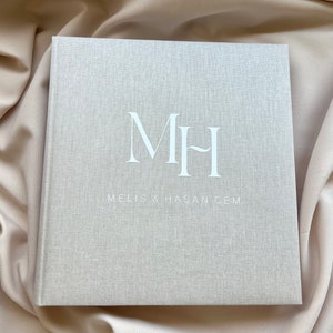 Guest book made of linen wedding beige photo album initials image 4