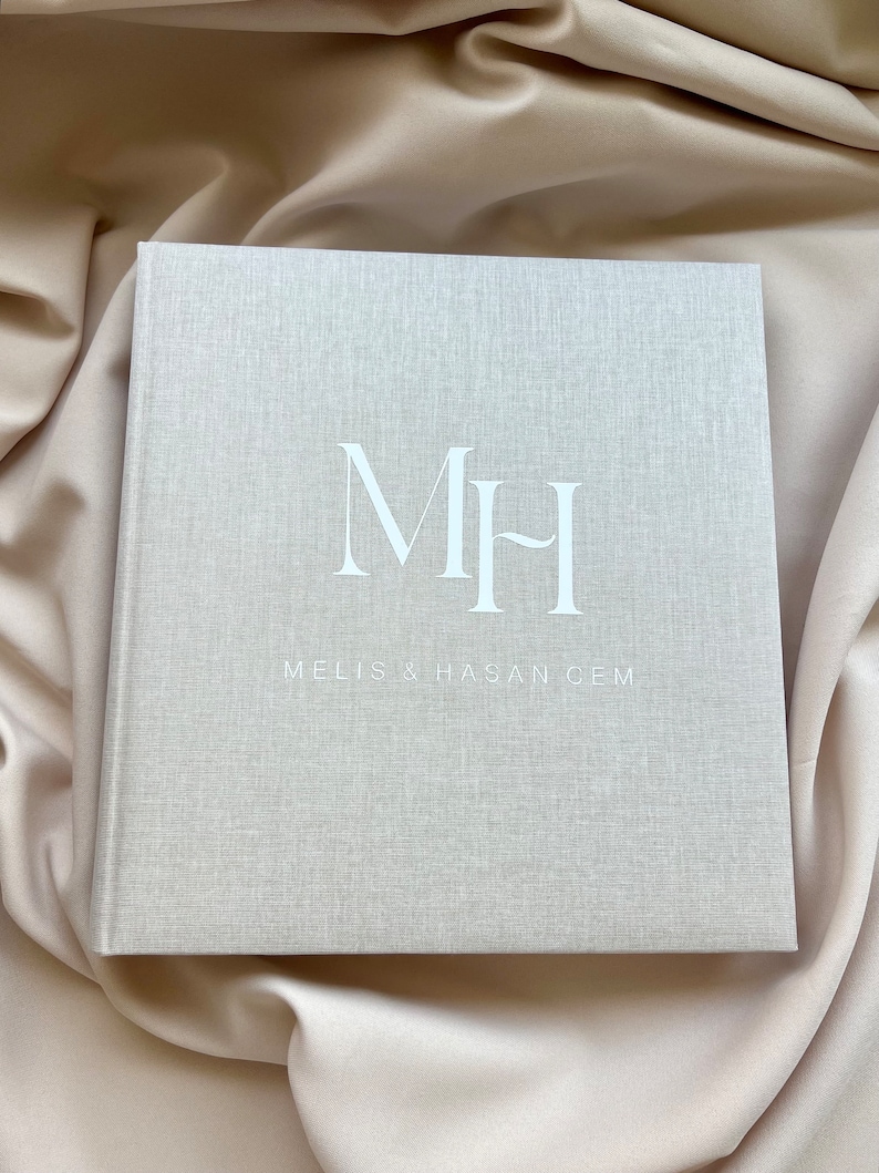 Guest book made of linen wedding beige photo album initials image 4