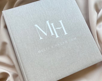Guest book made of linen wedding beige photo album initials