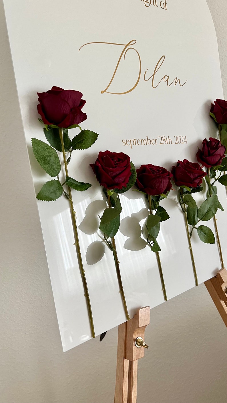 Welcome sign for henna night wedding, acrylic | Personalized reception sign with artificial roses | Henna night wedding decoration image 7