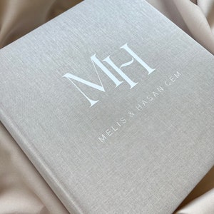 Guest book made of linen wedding beige photo album initials image 3