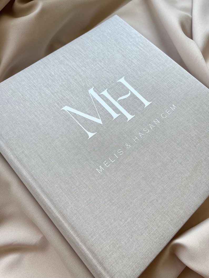 Guest book made of linen wedding beige photo album initials image 3