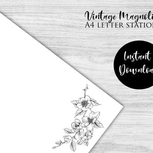 Magnolia vintage in bianco e nero, lettera A4, cancelleria colorabile, risparmio di inchiostro, carta intestata stampabile, set di scrittura per lettere JW, Ministero JW