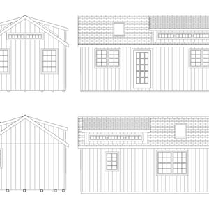 May include: Line drawing of a shed with a gabled roof and a dormer window. The shed has a door and several windows. The shed is 12 feet wide and 12 feet long.