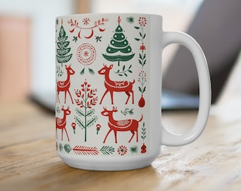 Scandinavian Christmas Mug: Nordic Folk Art Deer, Hygge Gift