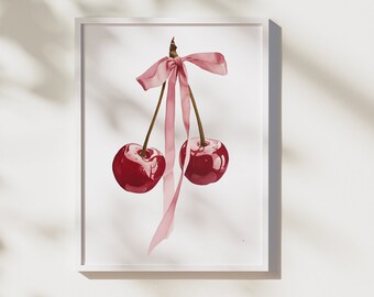 Soft Girl Bedroom Decor Coquette Cherries Bow Wall Art Print Trendy Pink Wall Art Preppy College Apartment Print