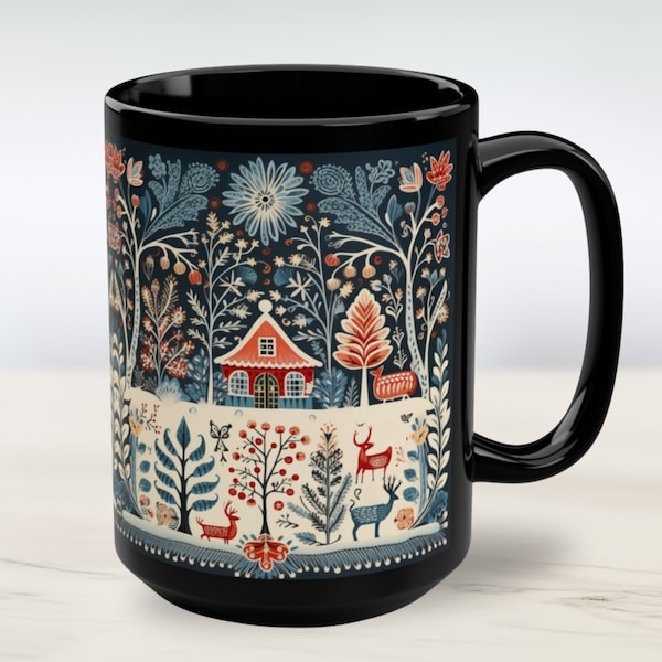 Taza de arte popular nórdico, regalos Hygge, taza navideña escandinava, arte popular, ciervo, arte popular noruego