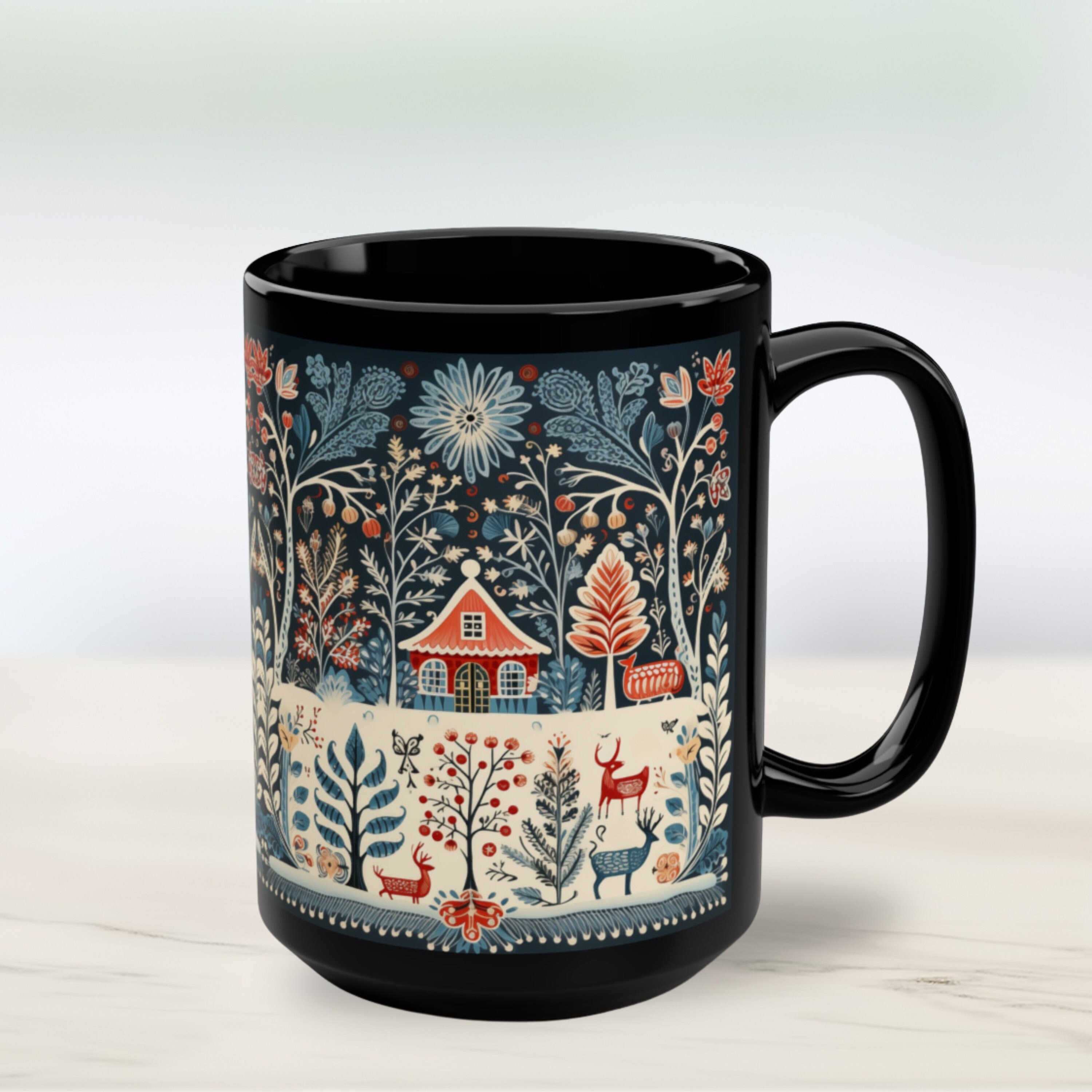 Nordic Folk Art Mug Hygge Gifts Scandinavian Christmas Mug Folk Art Deer Norwegian Folk Art