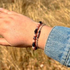 Rhodonite & Black Agate Bracelet Set: Stainless Steel Minimalist Jewelry