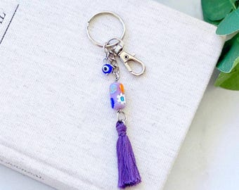 Purple Millefiori Glass Evil Eye Keychain, Murano Style Bag Charm, Handmade Tassel Purse Charm, Glass Bead Key Ring