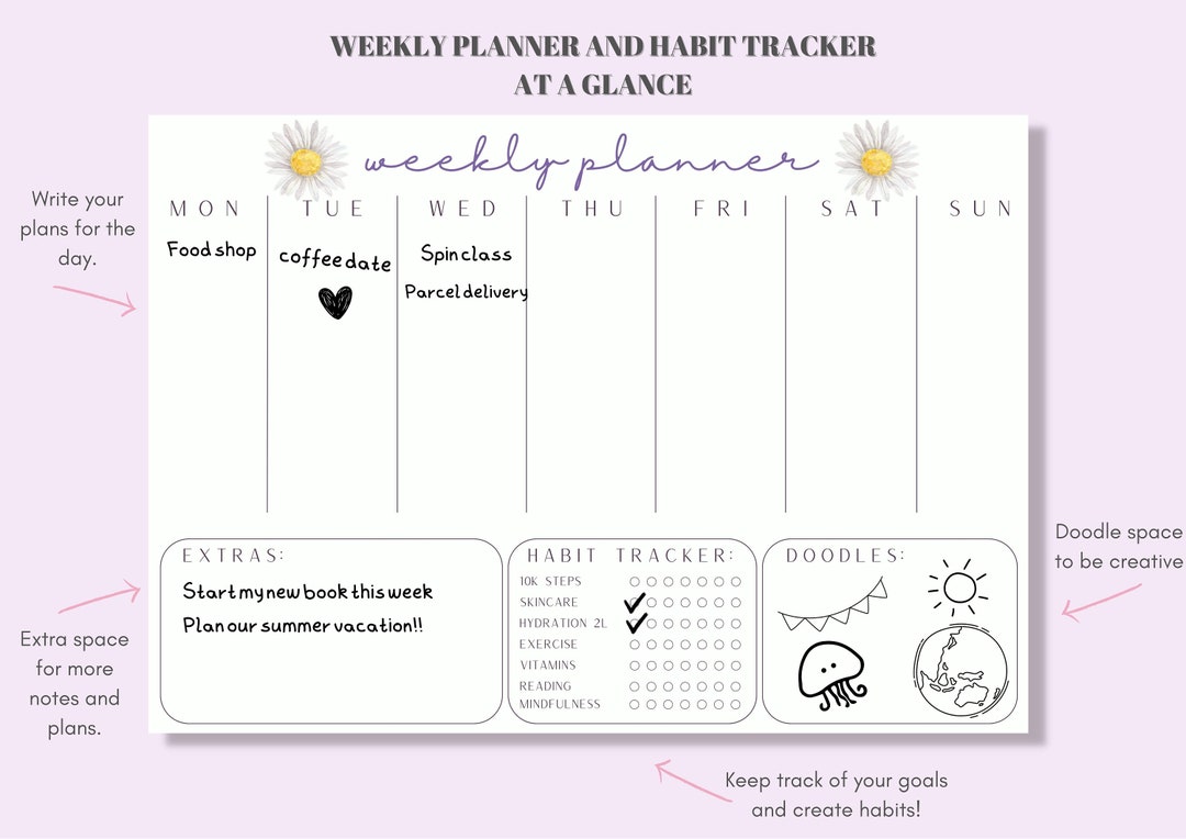 A4 Weekly Planner and Habit Tracker Template, Daisy Design Stationery