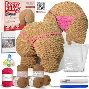 Booty Pillow Beginner White Crochet Kit – Cheeky Starter Set with Pre-Started Yarn & Step-by-Step Video Tutorials, Fun Gift for Adults
