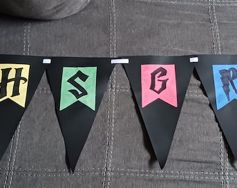 H Potter Banner, HP Houses, Witch Wizard Themed Banner, Magic Theme Party, House Initials, Red, Blue, Yellow, Green, Black, Potter Party