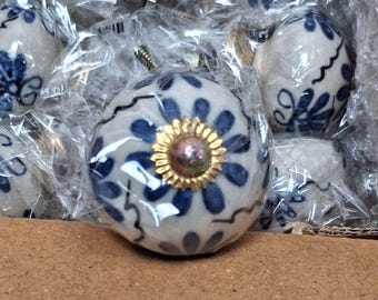 12 NEW Metal Magic LLC Ceramic Drawer Pull Knob Blue White Cottage Farmhouse